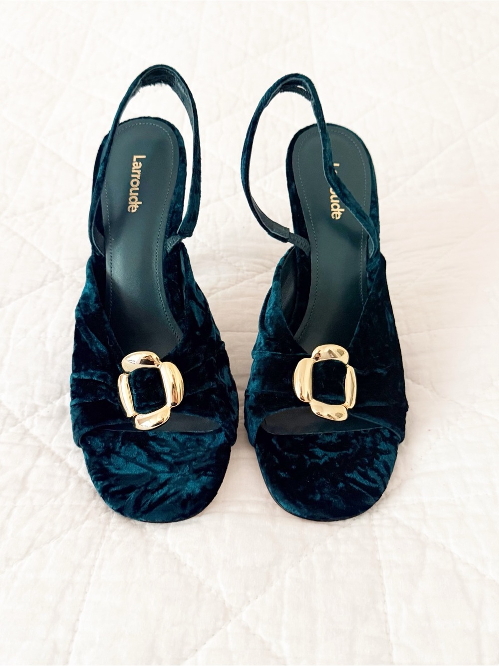 NEW Larroude Mayfair Sandal Jungle Velvet Emerald Green Slingback Heels 8 NWOT - Picture 2 of 9